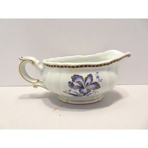 Rorstrand Sweden Gravy Boat Blue Floral Iris Gold Gilt Scalloped Porcelain